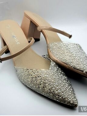 PROM? WEDDING? Rampage Nude Pearl & Silver Embellished Pointed Block Heel Mules